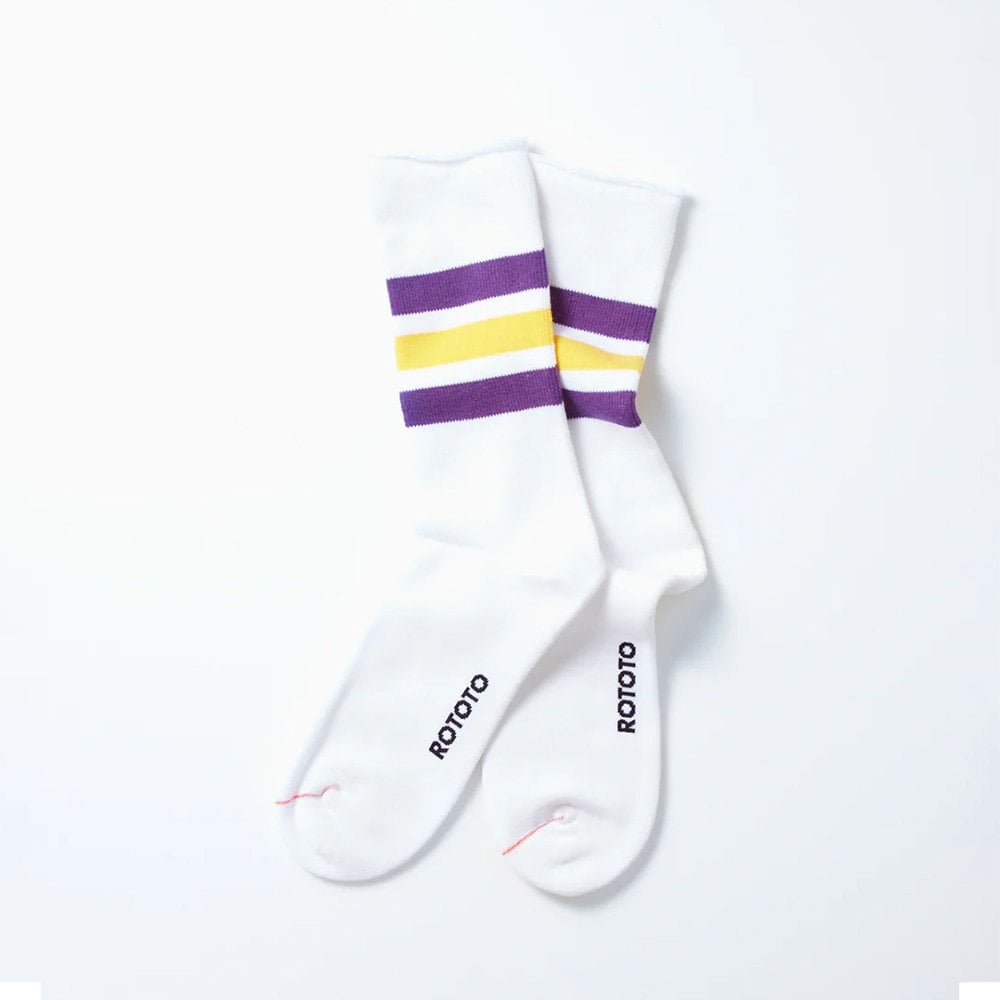 Fine Pile Striped Crew Socks - White / Purple / Yellow