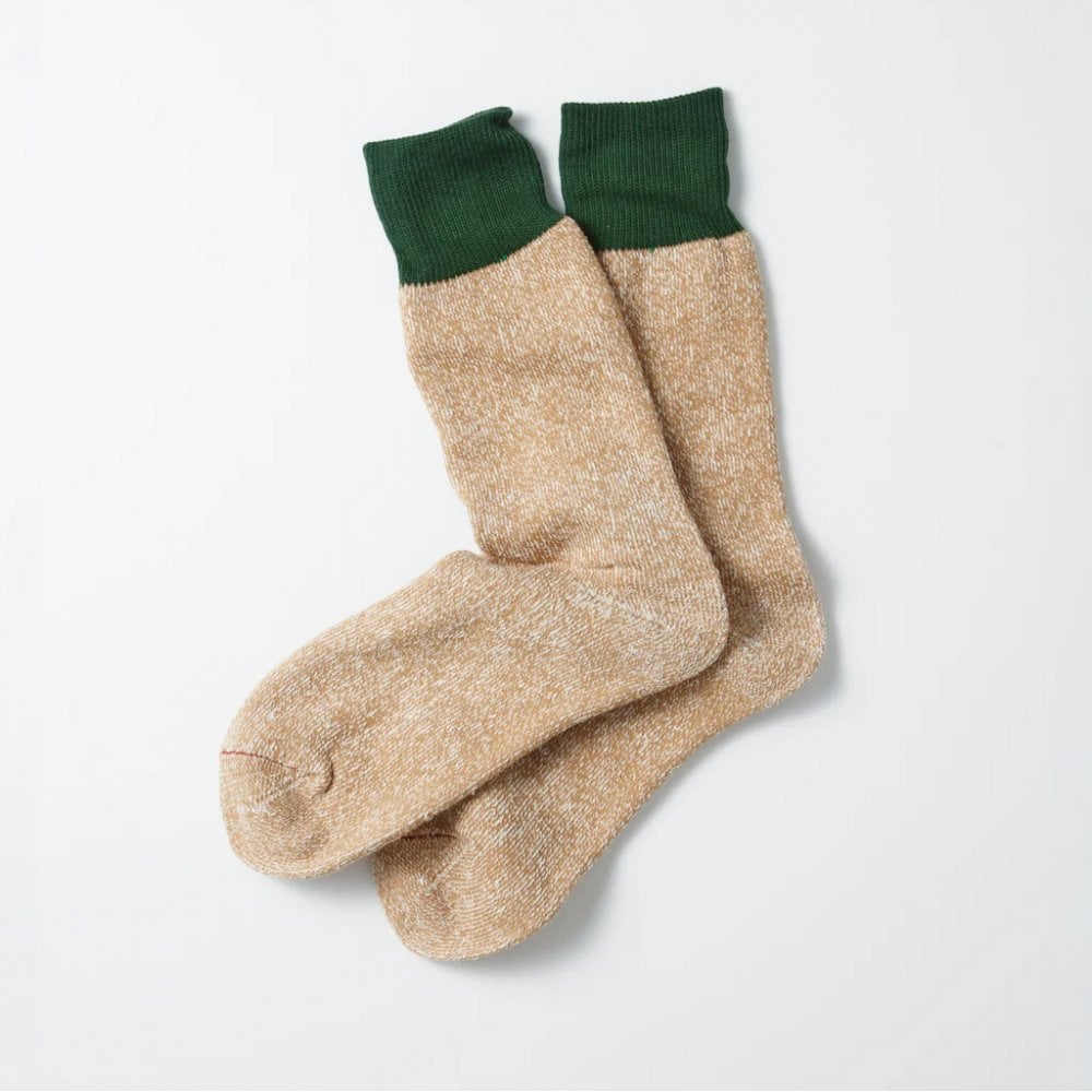 Double Face Crew Socks, Silk & Cotton - Dark Green / Beige
