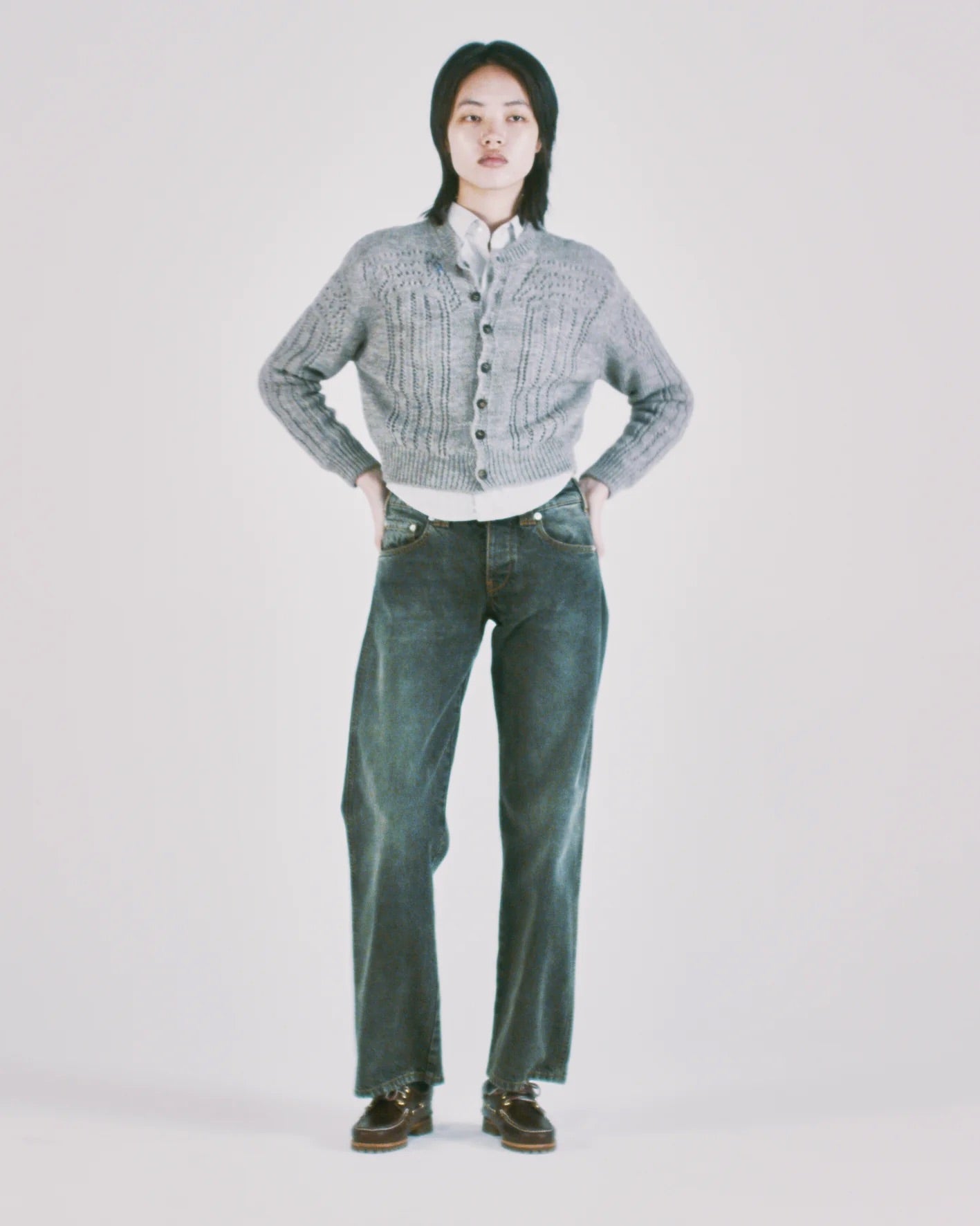 Pointelle Column Cardigan - Grey Marl