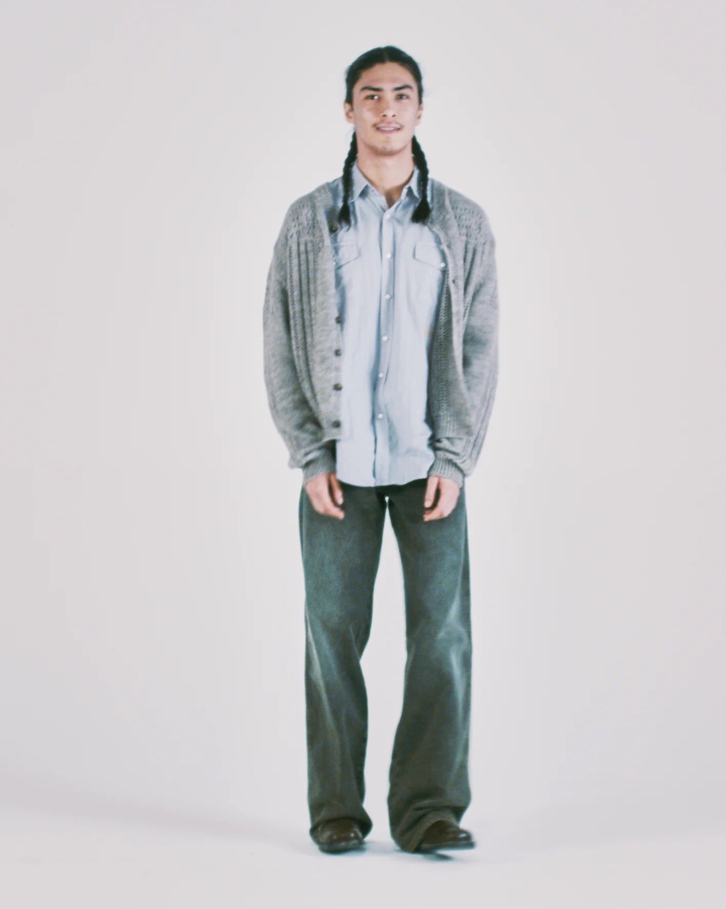 Pointelle Column Cardigan - Grey Marl
