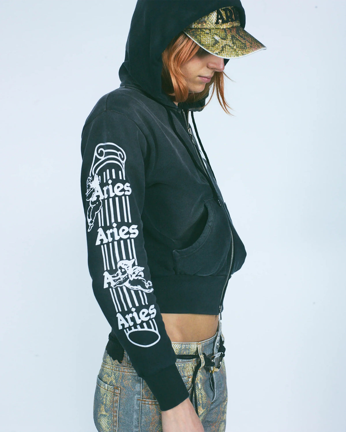 Premium Aged Cherub Column Zip Hoodie - Black