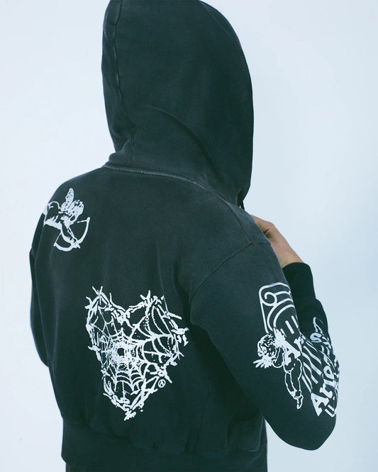 Premium Aged Cherub Column Zip Hoodie - Black