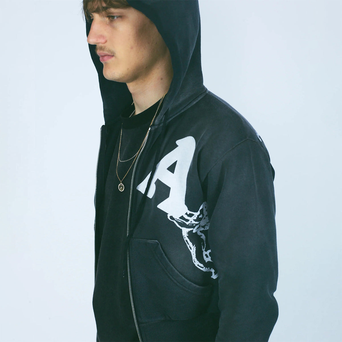 Premium Aged Cherub Column Zip Hoodie - Black