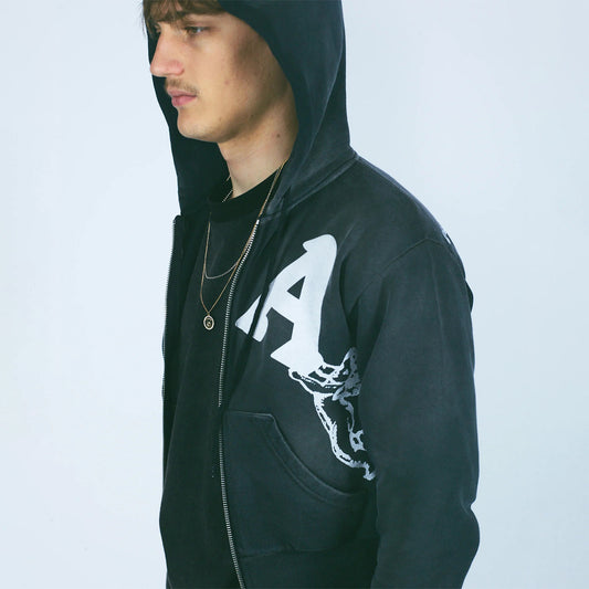 Premium Aged Cherub Column Zip Hoodie - Black