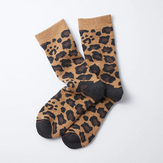 Pile Leopard Crew Socks - Dark Beige