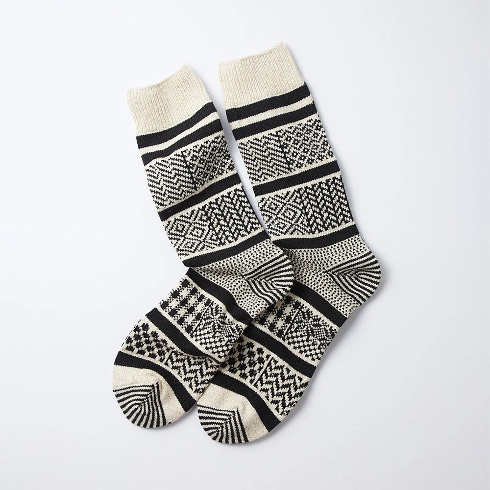 Multi Jacquard Crew Socks - Ivory / Black