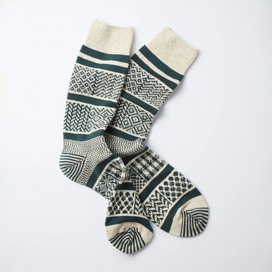 Multi Jacquard Crew Socks - Ivory / Dark Green
