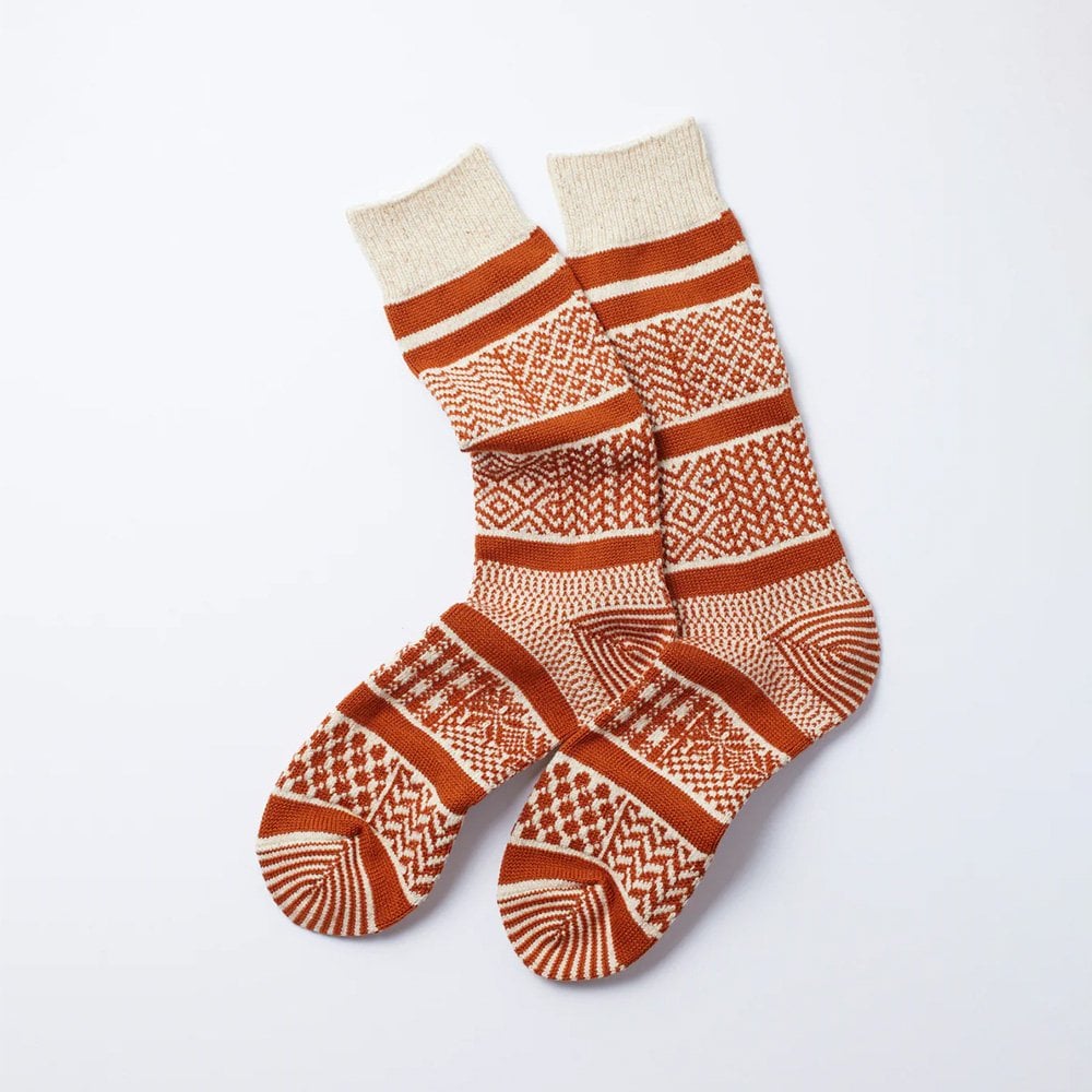 Multi Jacquard Crew Socks - Ivory / Rust