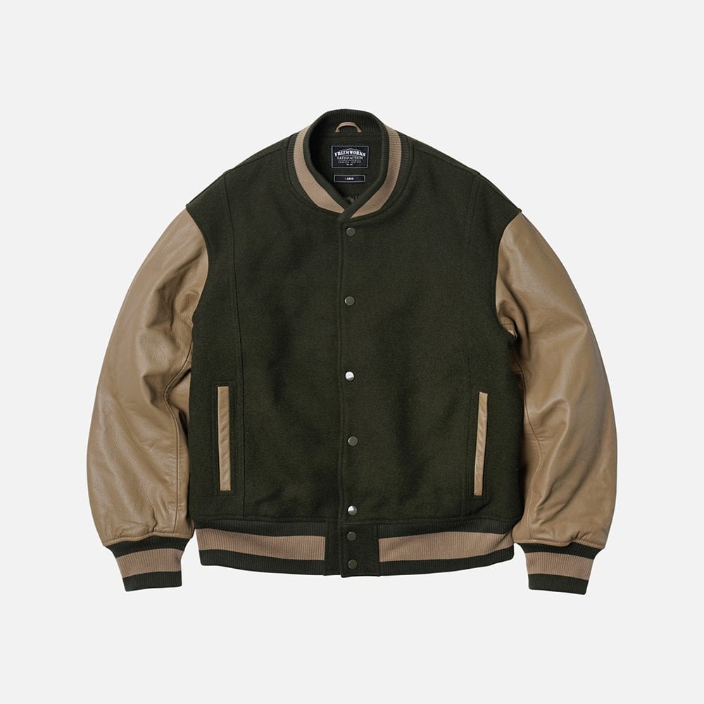 Cowhide Leather Varsity Jacket - Olive