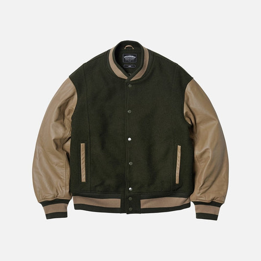Cowhide Leather Varsity Jacket - Olive