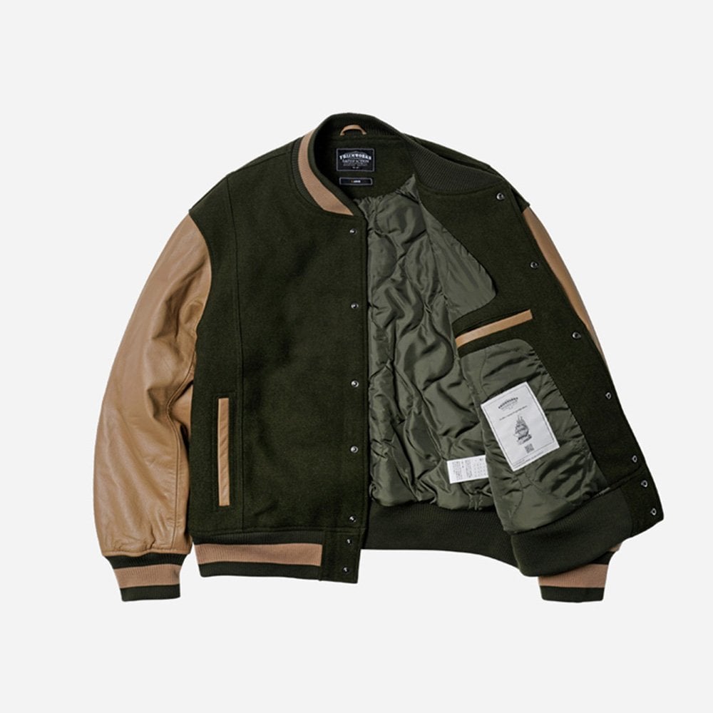 Cowhide Leather Varsity Jacket - Olive