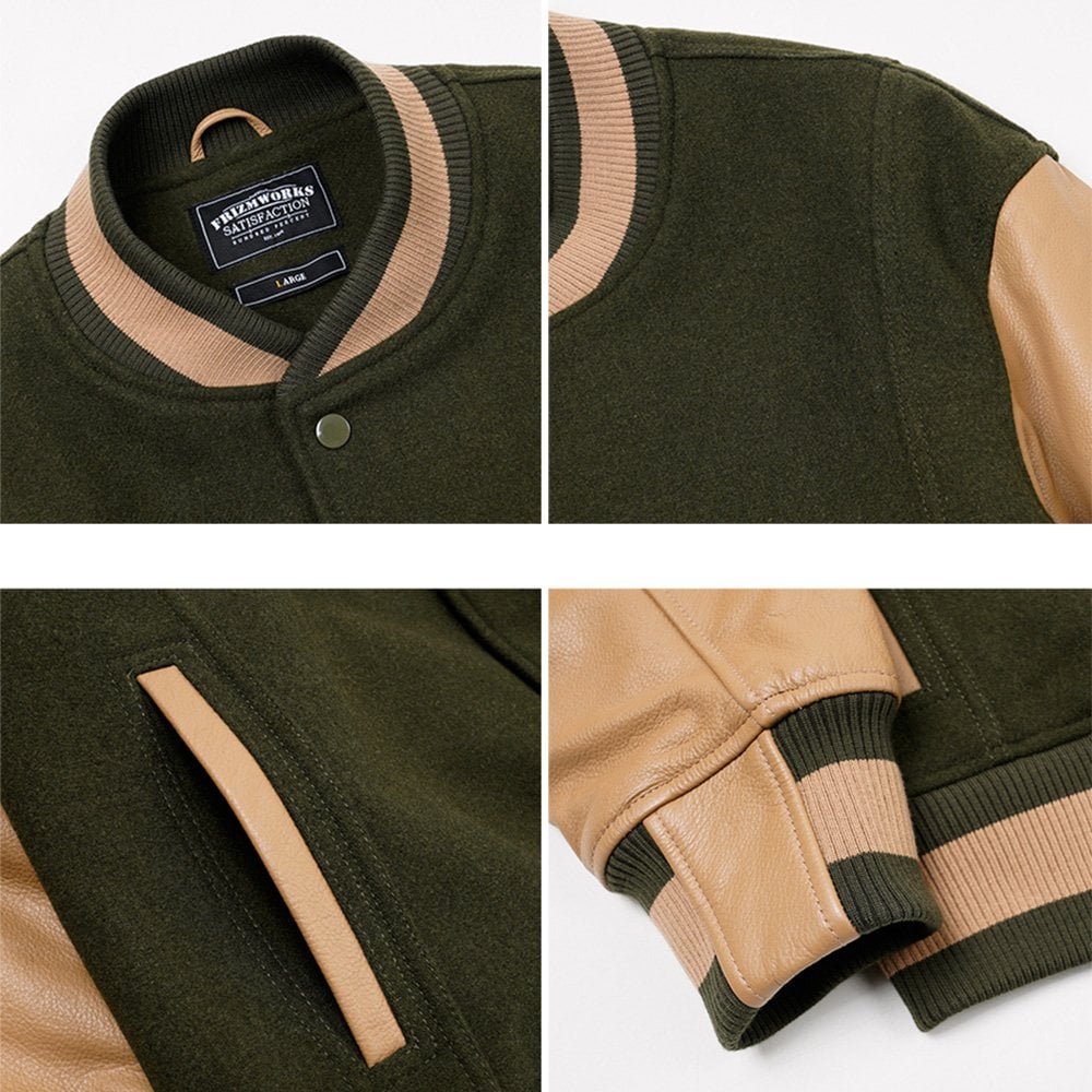 Cowhide Leather Varsity Jacket - Olive
