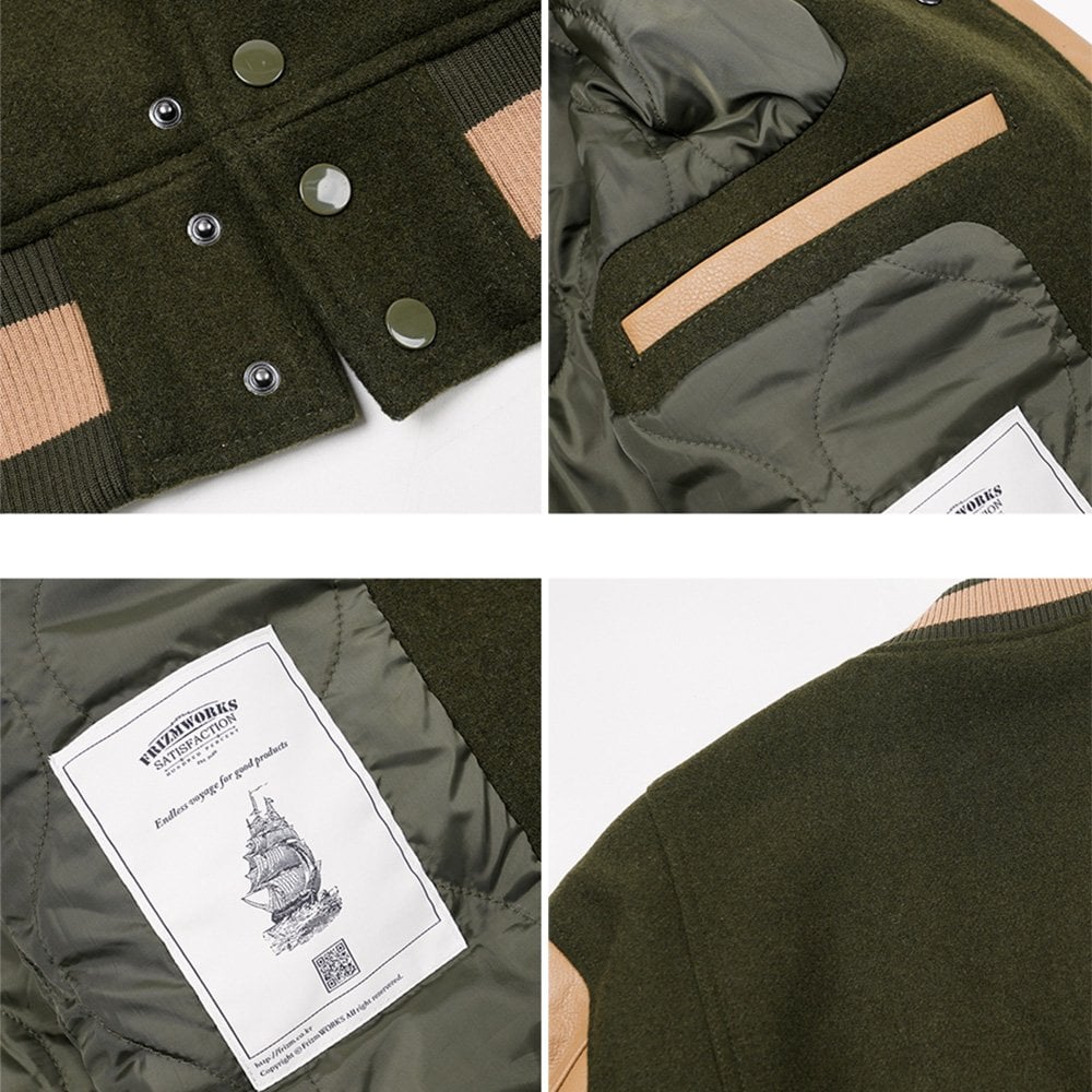 Cowhide Leather Varsity Jacket - Olive