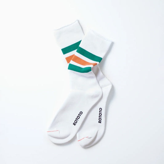 Fine Pile Striped Crew Socks - White / Green / Dark Orange