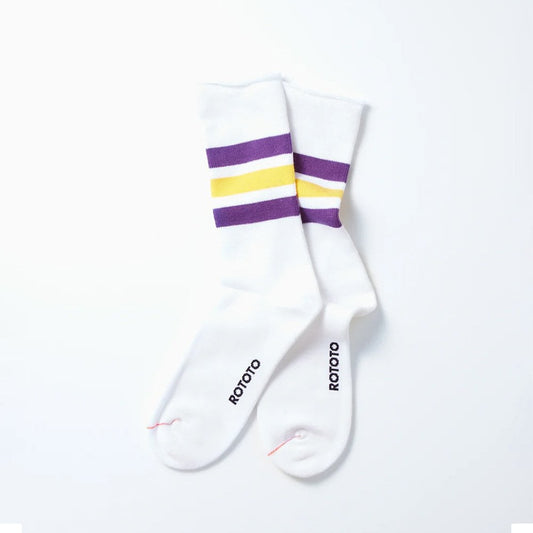 Fine Pile Striped Crew Socks - White / Purple / Yellow