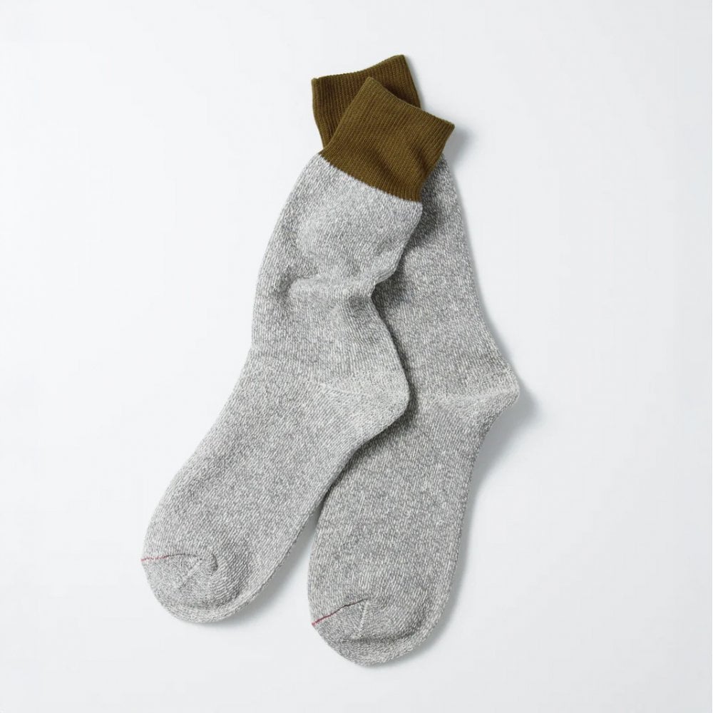 Double Face Crew Socks, Silk & Cotton - Olive / Gray