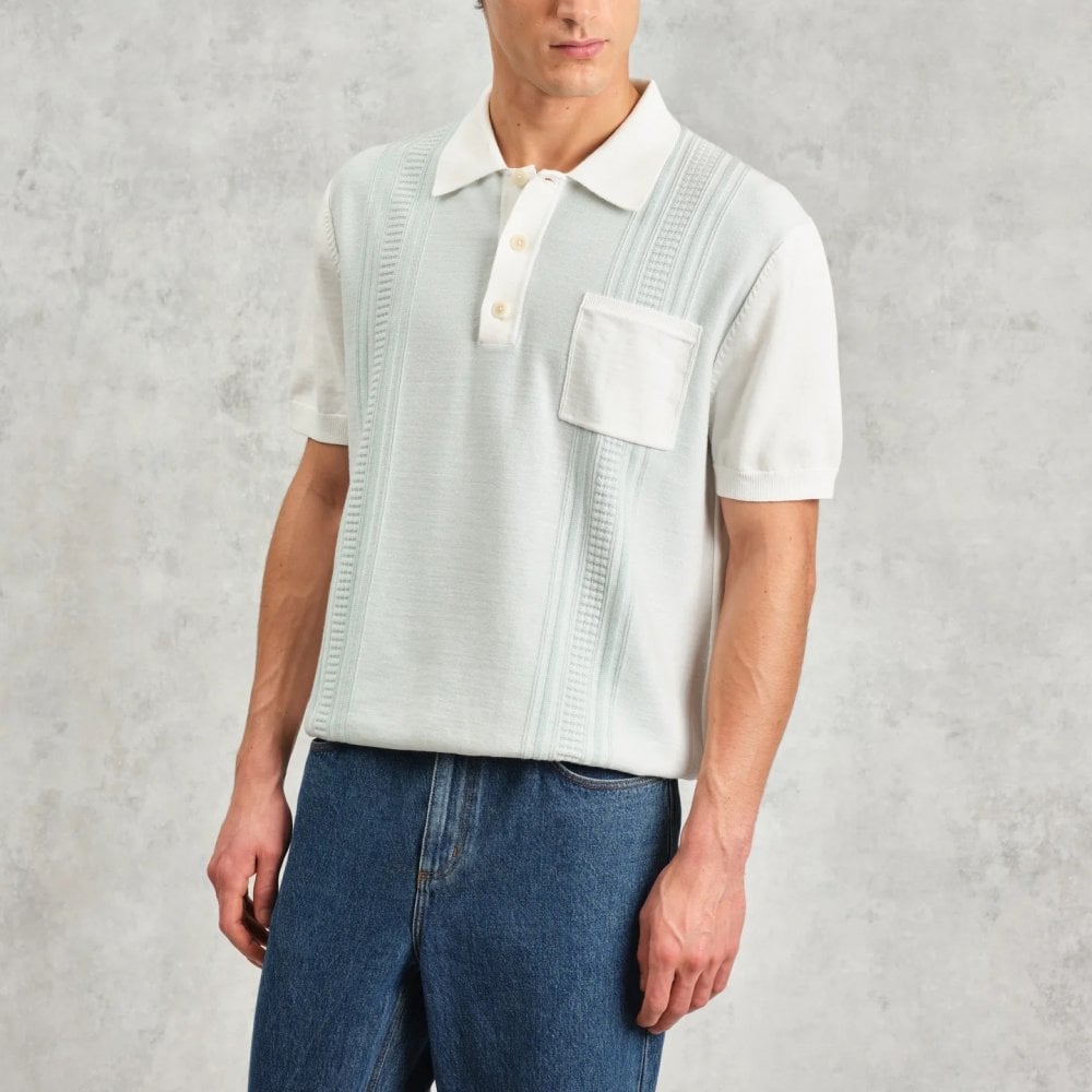 Turin Knitted Pocket Polo - Pale Blue / Ecru (Retro Stripe)
