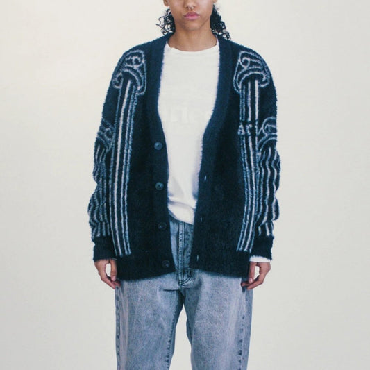 Oversized Chenille Column Knit Cardigan - Black