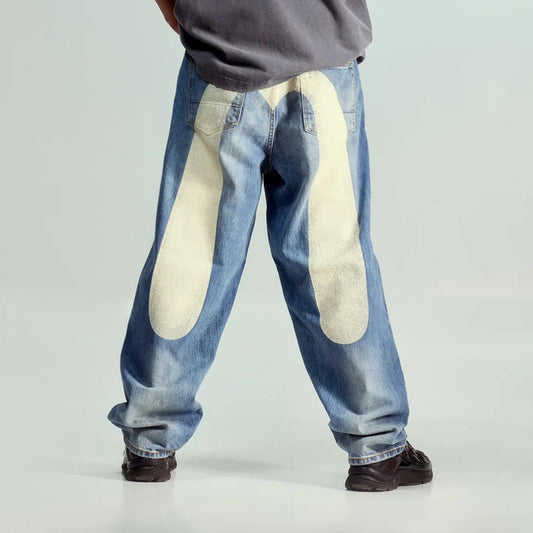 Ecru Daicock Print Loose Fit Jeans  - Mid Tone Indigo