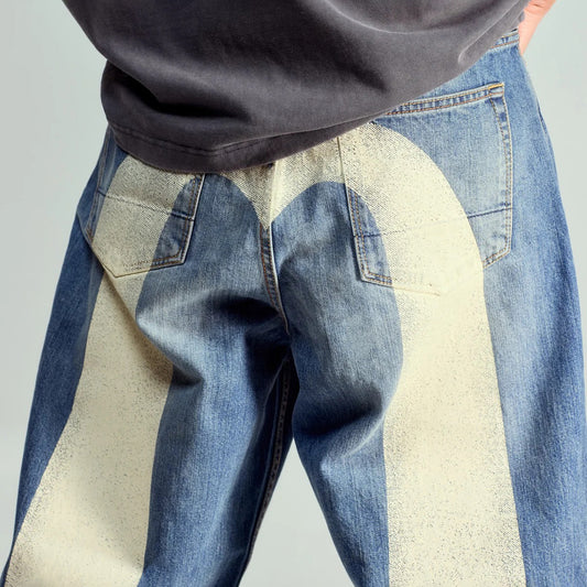 Ecru Daicock Print Loose Fit Jeans  - Mid Tone Indigo
