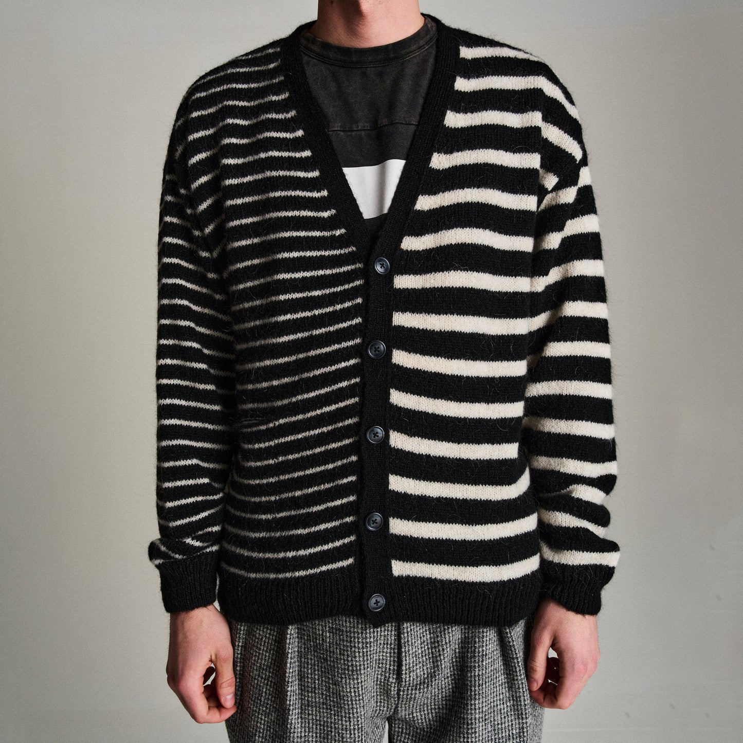 Mohair Striped Knitted Cardigan - Black / White