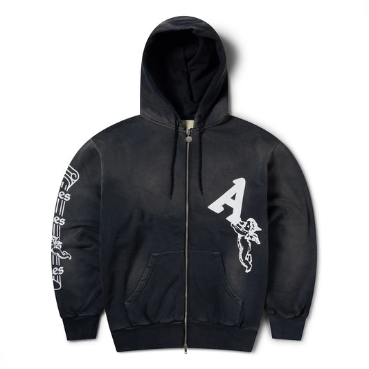 Premium Aged Cherub Column Zip Hoodie - Black