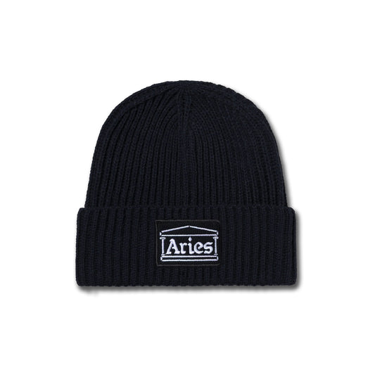 Temple Patch Rib Knit Beanie - Black