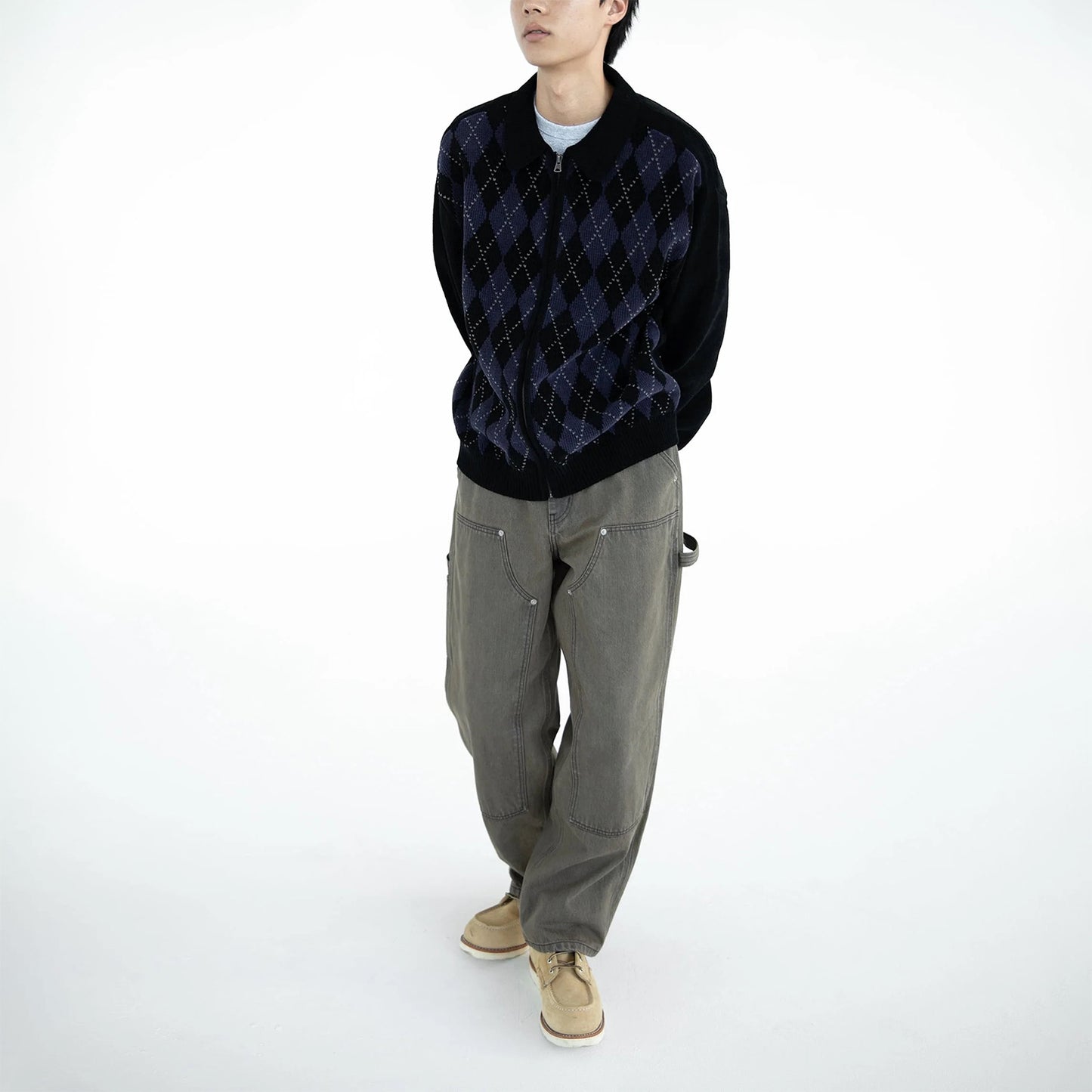 Argyle Zip Knit Cardigan - Black
