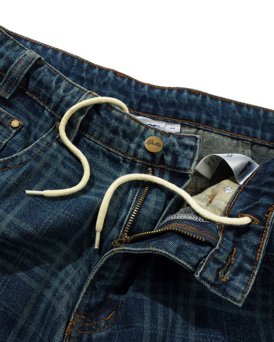 Burn Wide Cut Denim Jeans - Dark Indigo Plaid