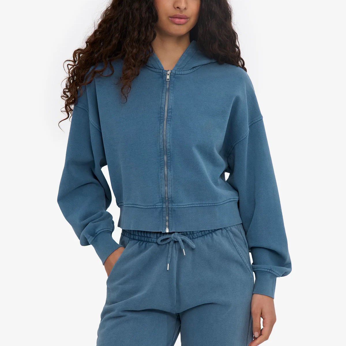 Women's Organic Crop Zip Hood - Faded Indigo