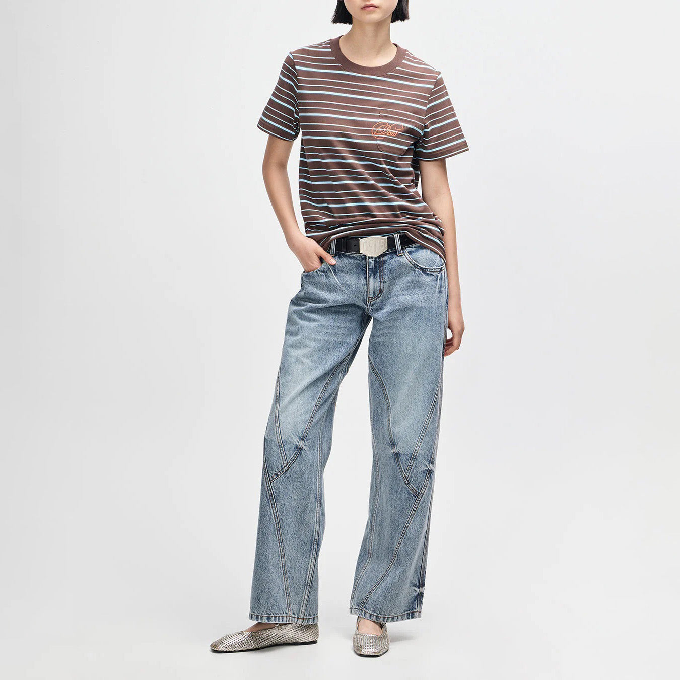 Women's Pierre Stripe Tee - Java Brown / Baby Blue