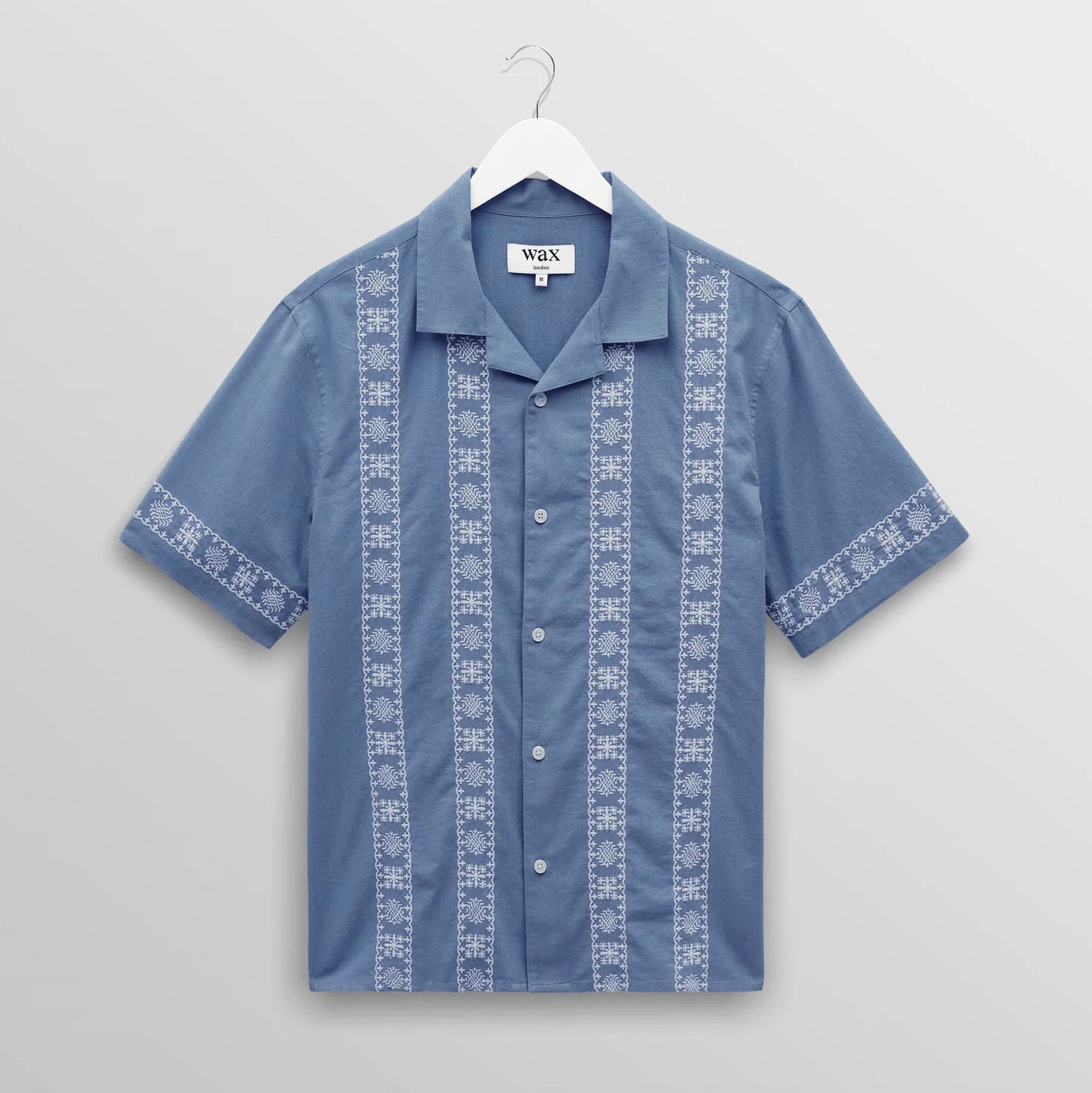 Didcot SS Shirt, Placement Border - Blue / Ecru