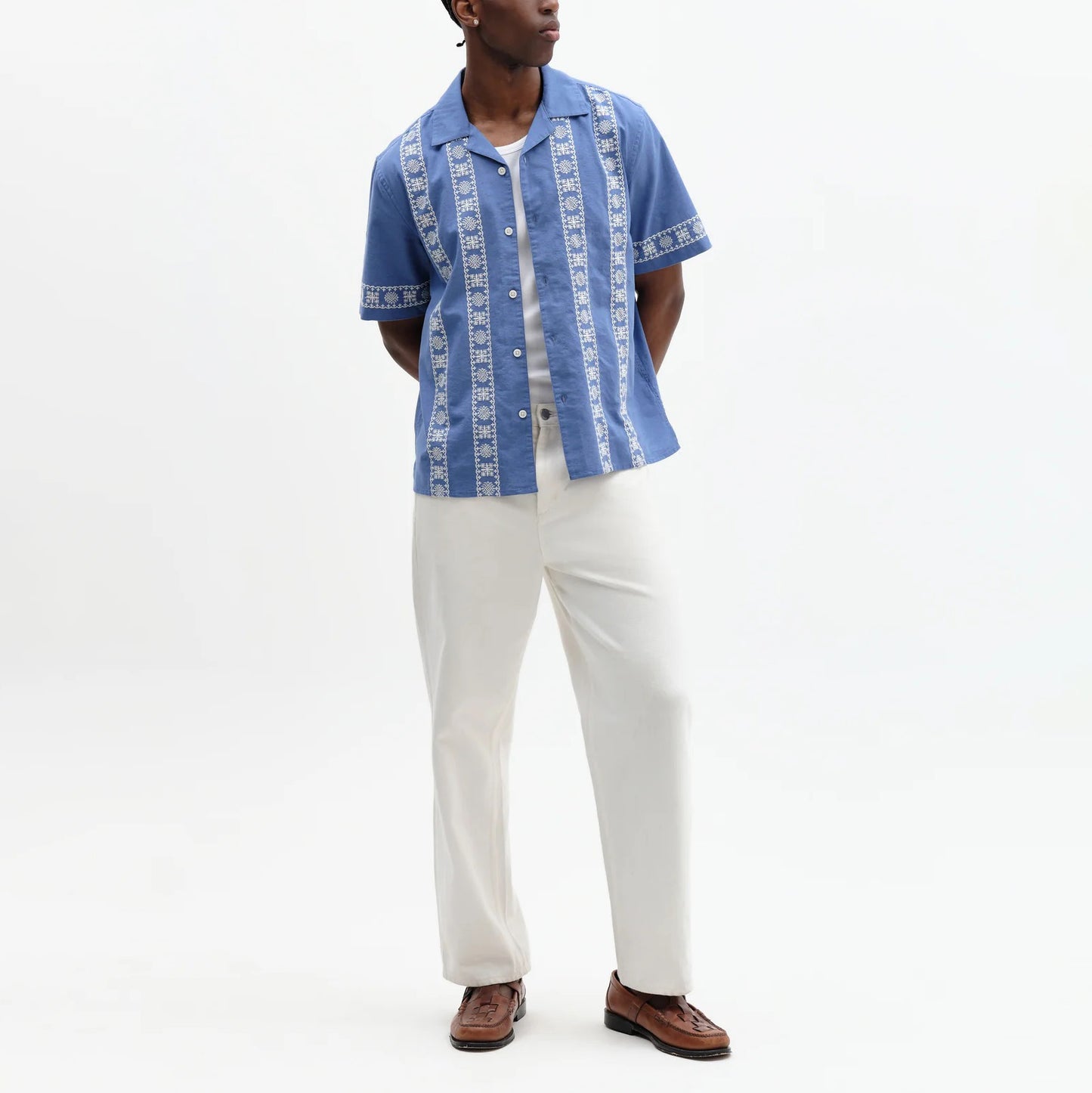 Didcot SS Shirt, Placement Border - Blue / Ecru