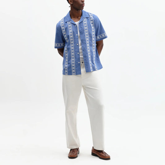 Didcot SS Shirt, Placement Border - Blue / Ecru