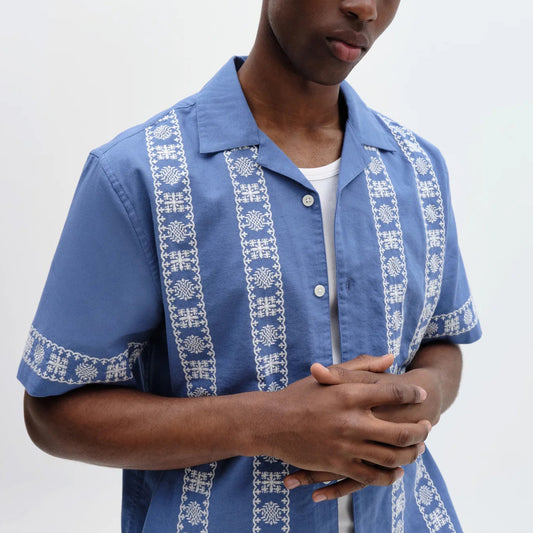 Didcot SS Shirt, Placement Border - Blue / Ecru