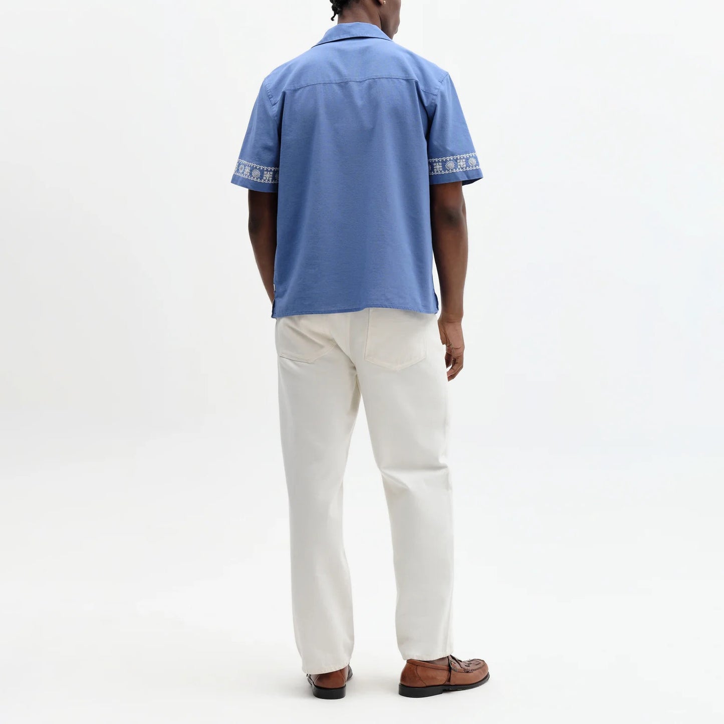 Didcot SS Shirt, Placement Border - Blue / Ecru
