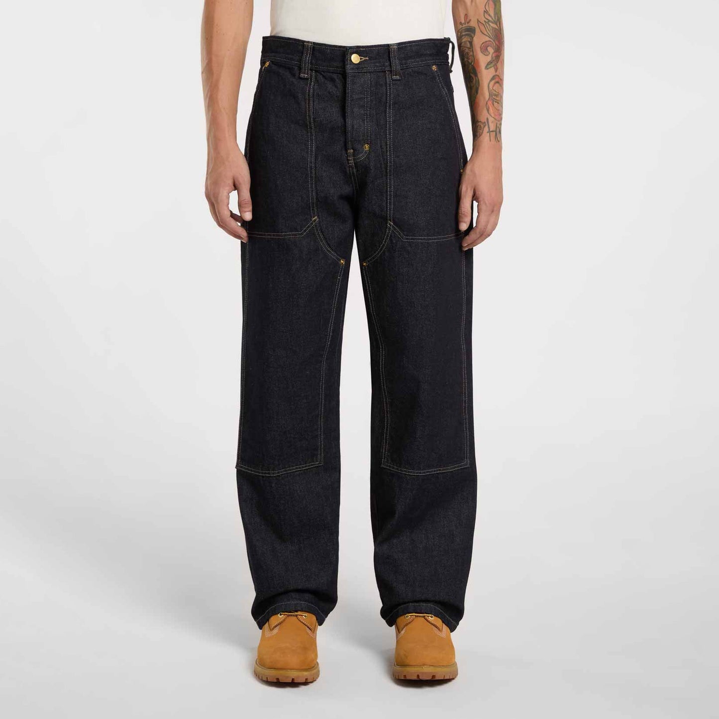 Trucker Selvedge Denim Double Knee Relaxed Jeans - Rinsed