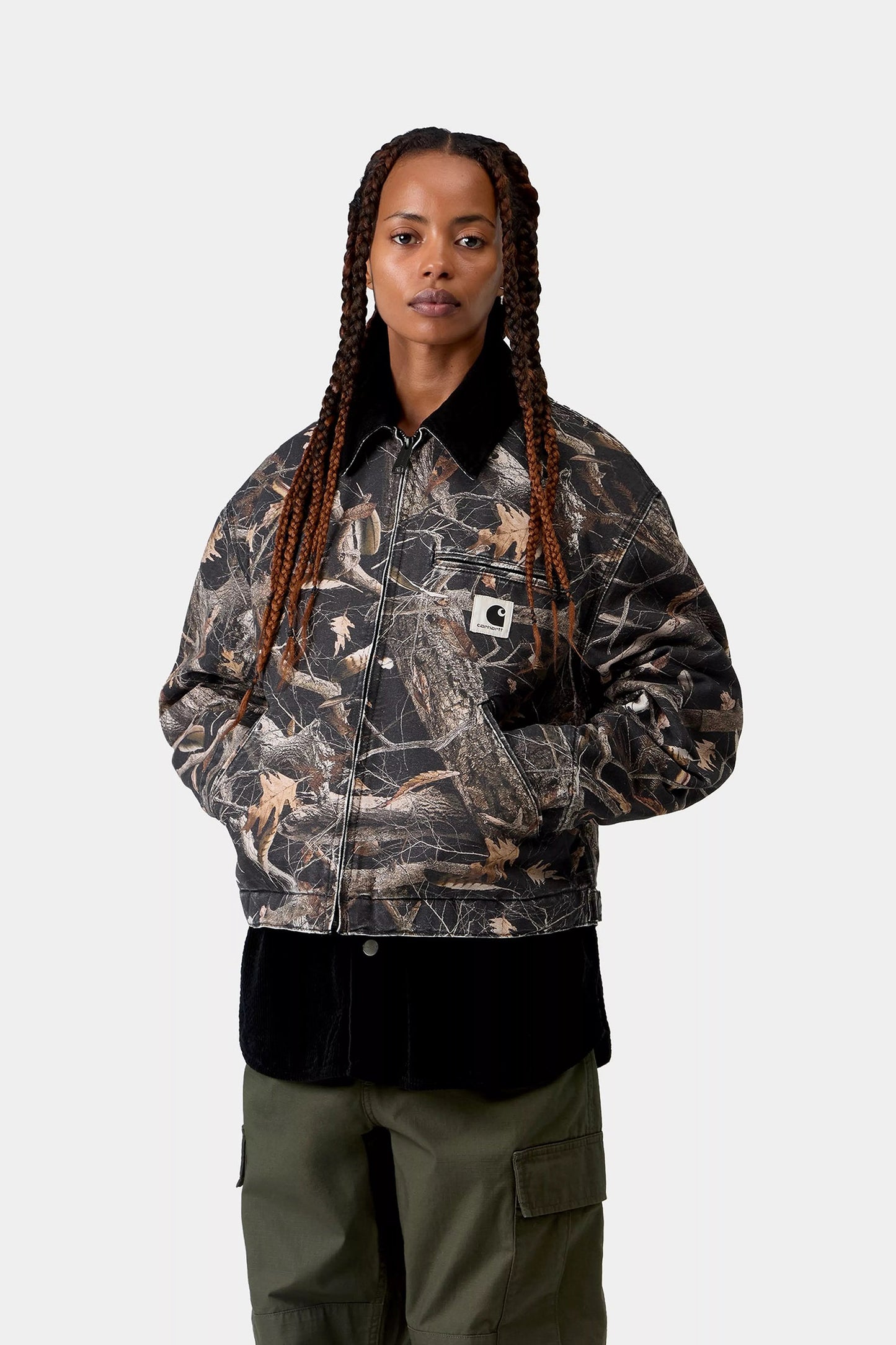Women's OG Detroit Jacket - Camo Feather Tree, Black / Black Heavy stone wash