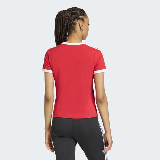 Womens 3 Stripes Slim T-Shirt - Better Scarlet / White