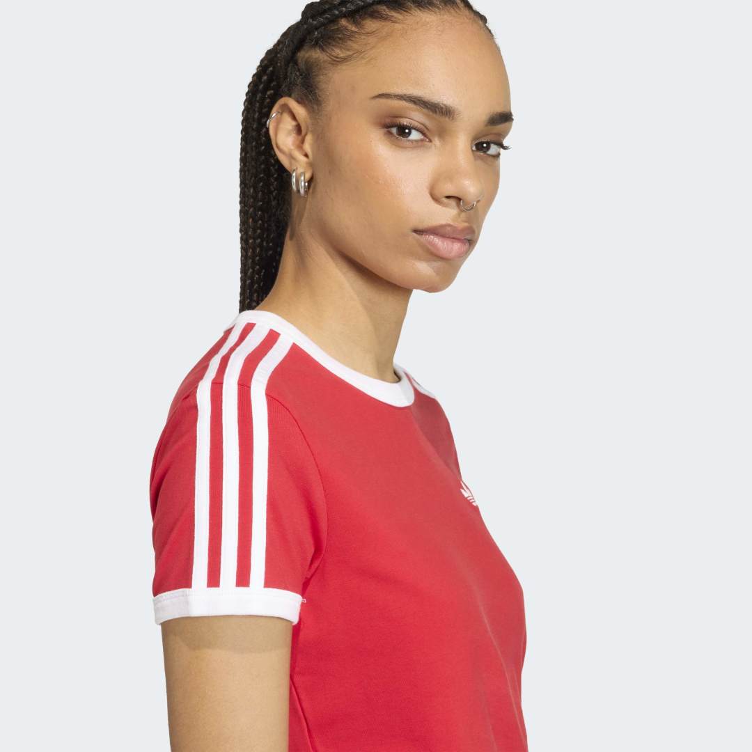 Womens 3 Stripes Slim T-Shirt - Better Scarlet / White