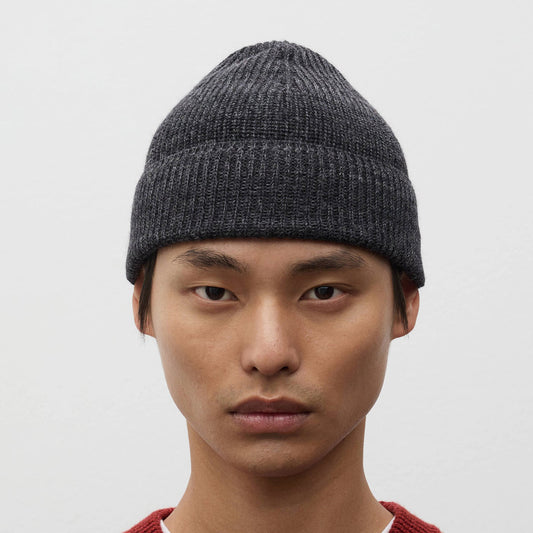 Wool Cotton Rib Beanie - Dark Grey Melange