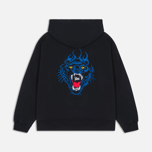Embroidered Fire Panther Hooded Sweater - Black