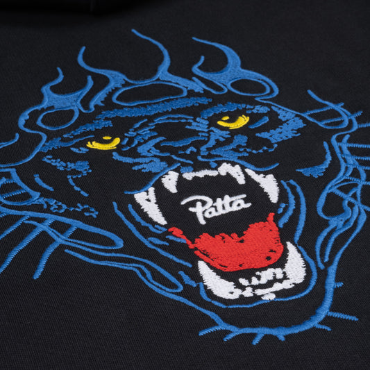 Embroidered Fire Panther Hooded Sweater - Black