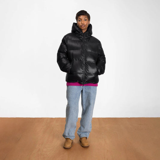 Quilted Script Logo Puffer Jacket- Black