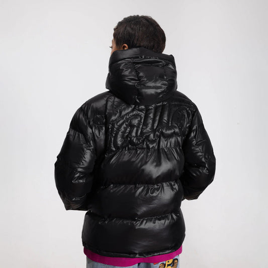 Quilted Script Logo Puffer Jacket- Black