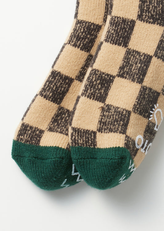 Pile Room Socks, Checkerboard - Light Orange / Dark Green
