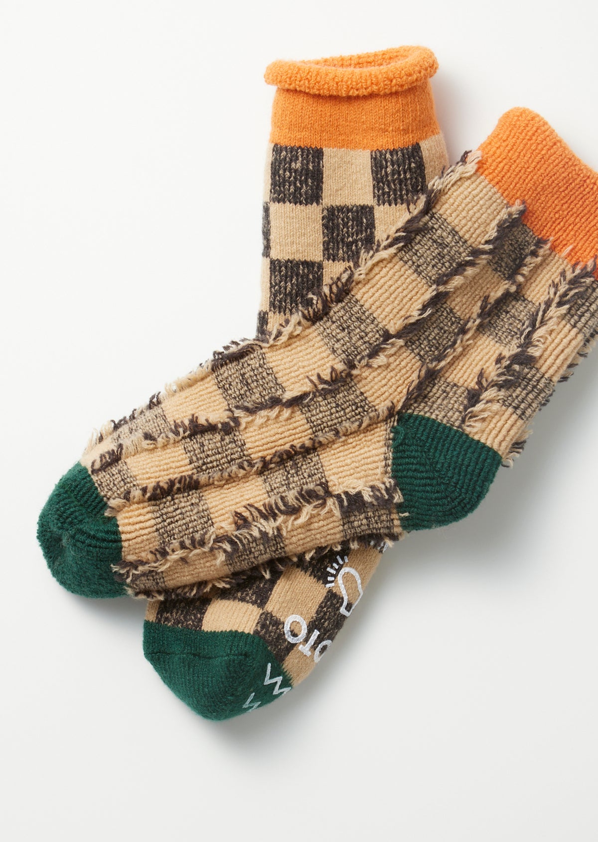 Pile Room Socks, Checkerboard - Light Orange / Dark Green