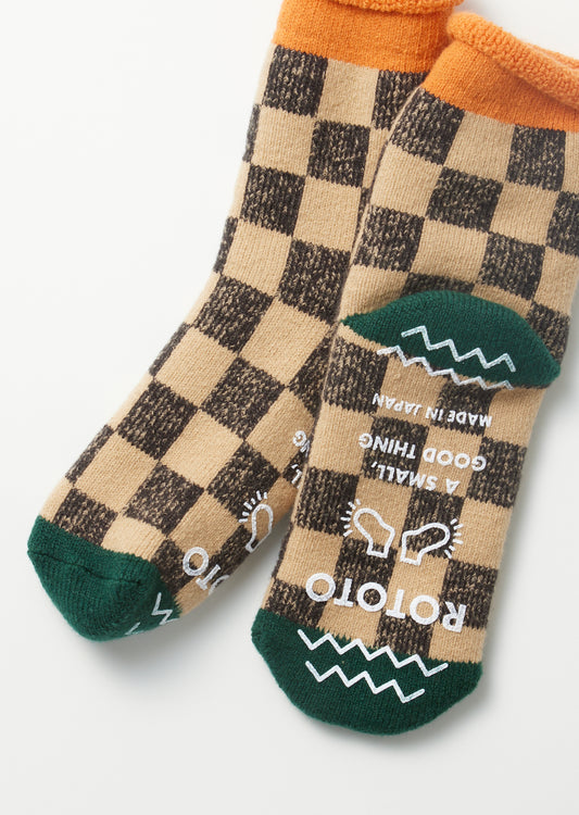 Pile Room Socks, Checkerboard - Light Orange / Dark Green