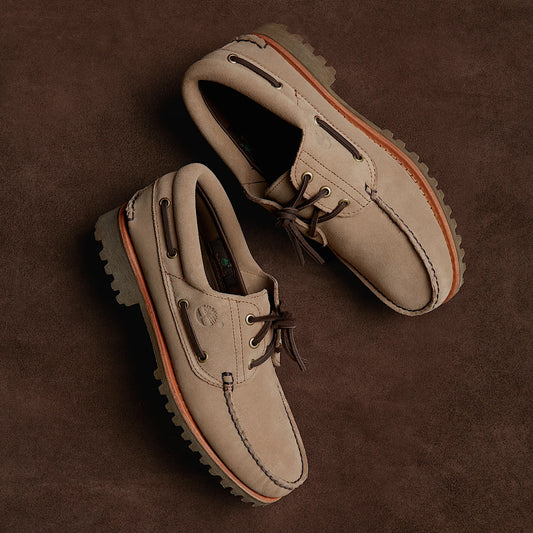 Authentic 'Mix Tape' Handsewn 3 Eye Lug Boat Shoe - Taupe