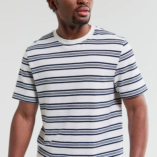 Dean SS Tee, Thin Textured Stripe - Ecru / Navy